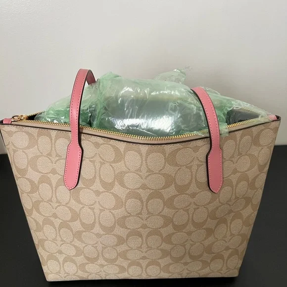 Coach Beige Signature Tote with Pink Straps - Picture 3 of 4